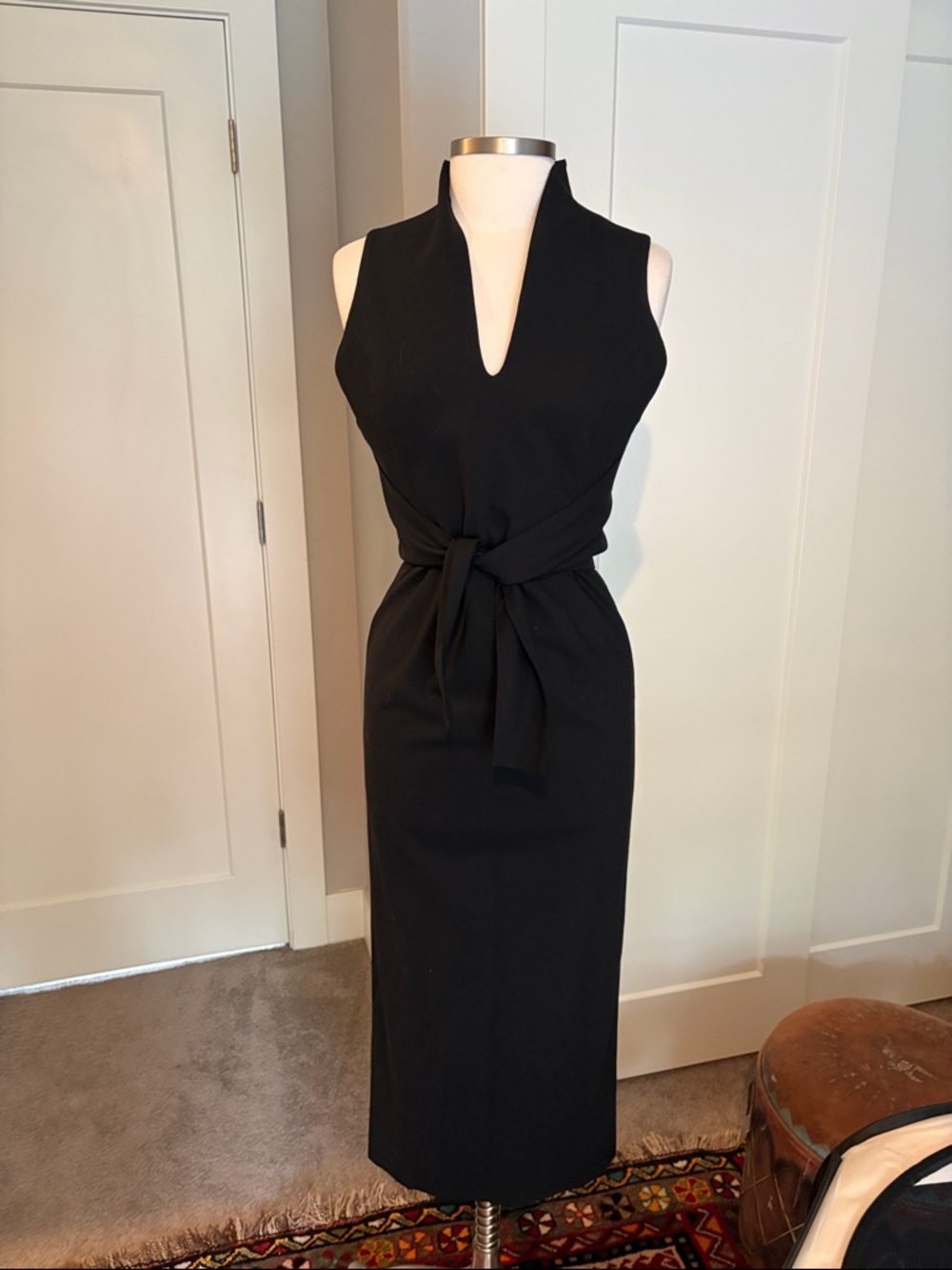 Giorgio Armani Black Sleeveless V-Neck Midi Dress with Waist Tie